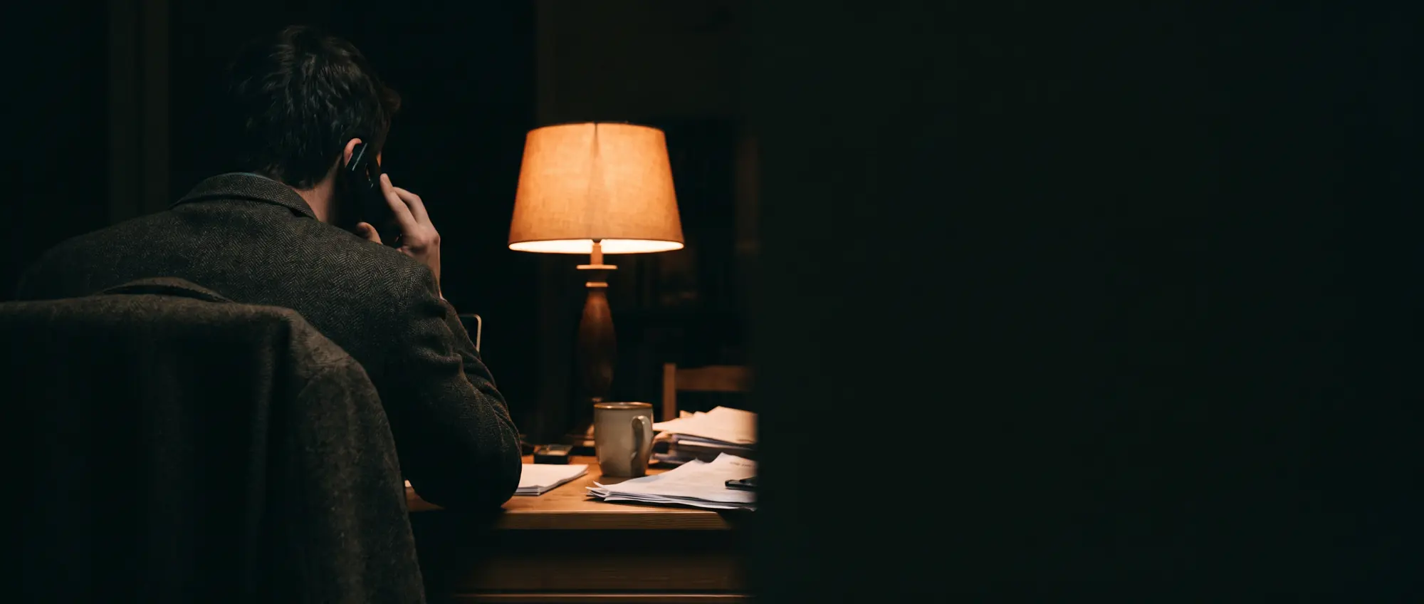 Someone at a desk at night, on a call